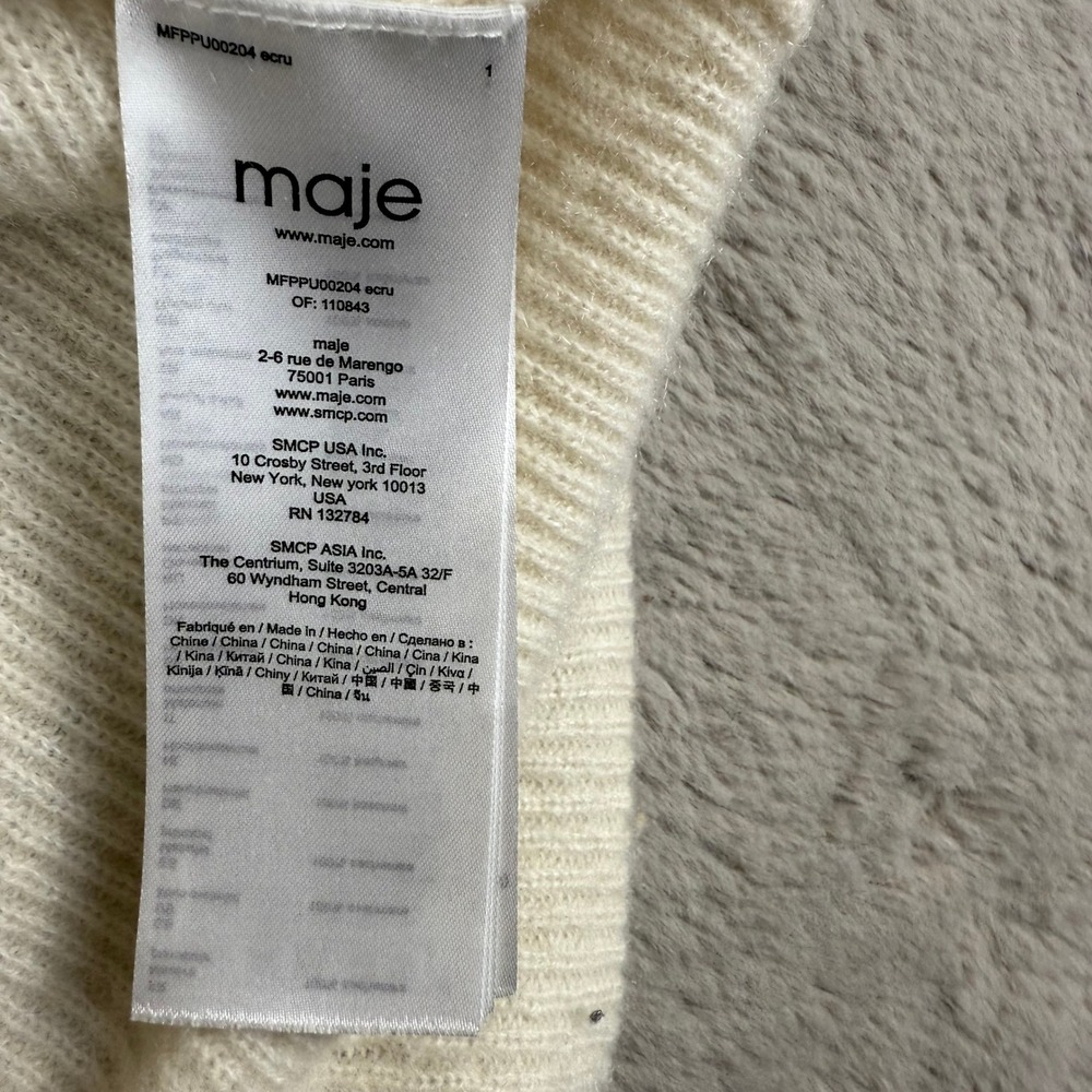 Maje Cashmere Sweater V-Neck Ribbed Jumper Knit Pullover Cream Size M Designer - Picture 3 of 10